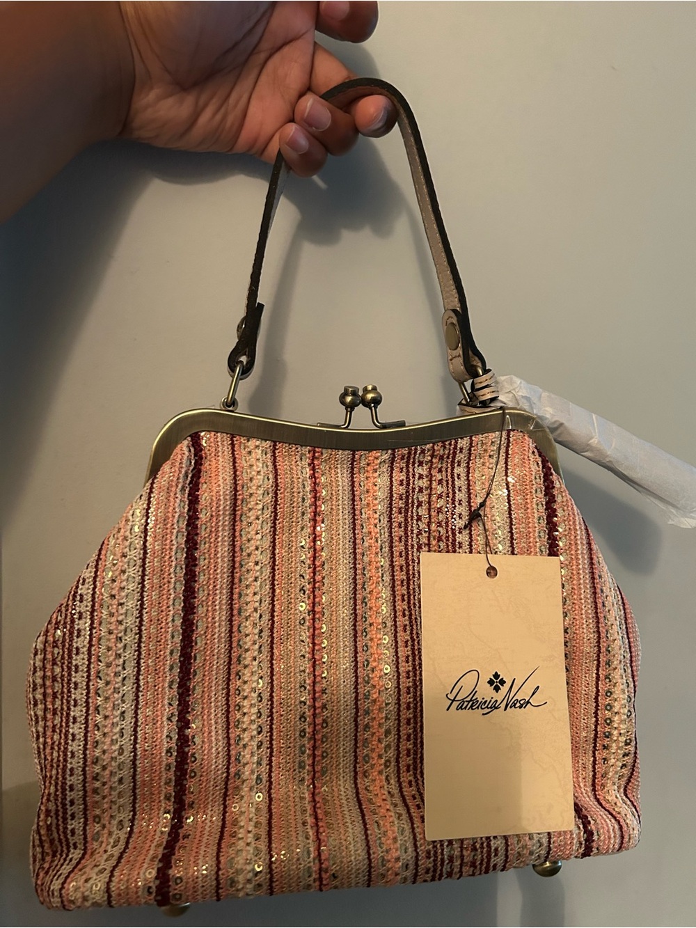 Patricia Nash Rose Gold & Blush Striped Sequin Frame Wristlet